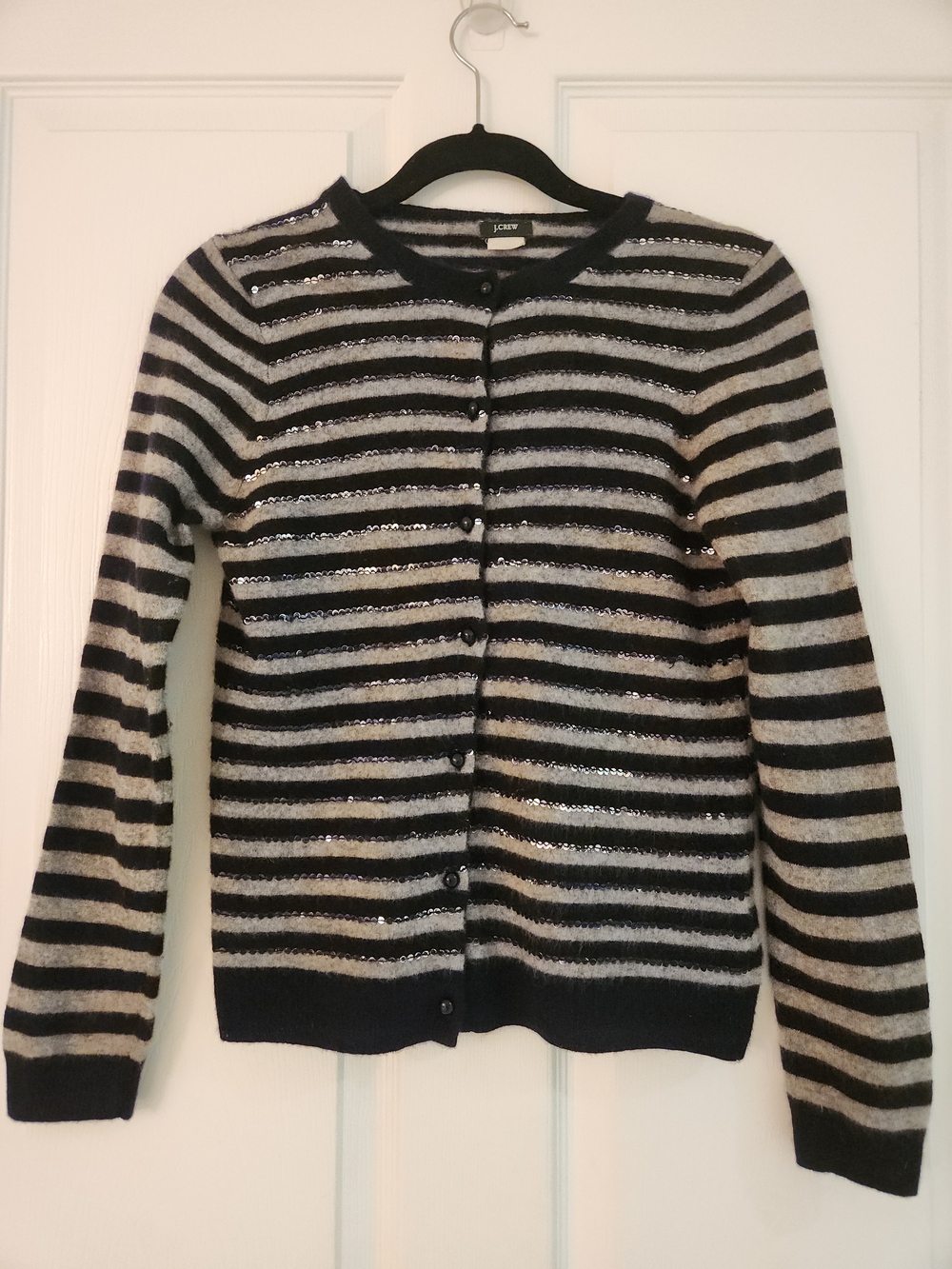 J. Crew Striped Cashmere Wool Blend Crewneck Sequin Stripe Cardigan - Small - Picture 2 of 5